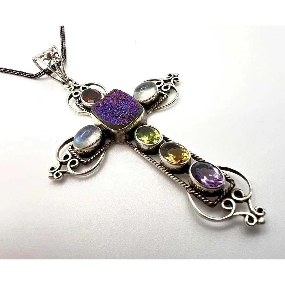 NICKY BUTLER 925 Silver Druzy Gemstone Cross Pendant Necklace - Picture 2 of 15